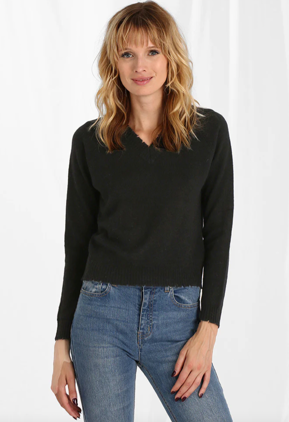 Cashmere Frayed Edge Cropped Vneck