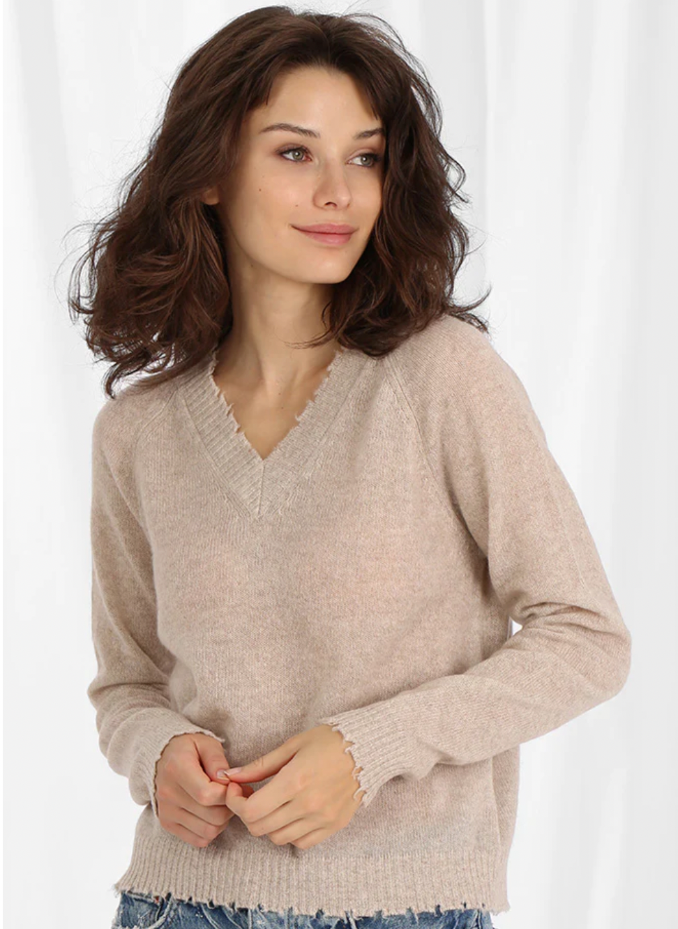 Cashmere Frayed Edge Cropped Vneck